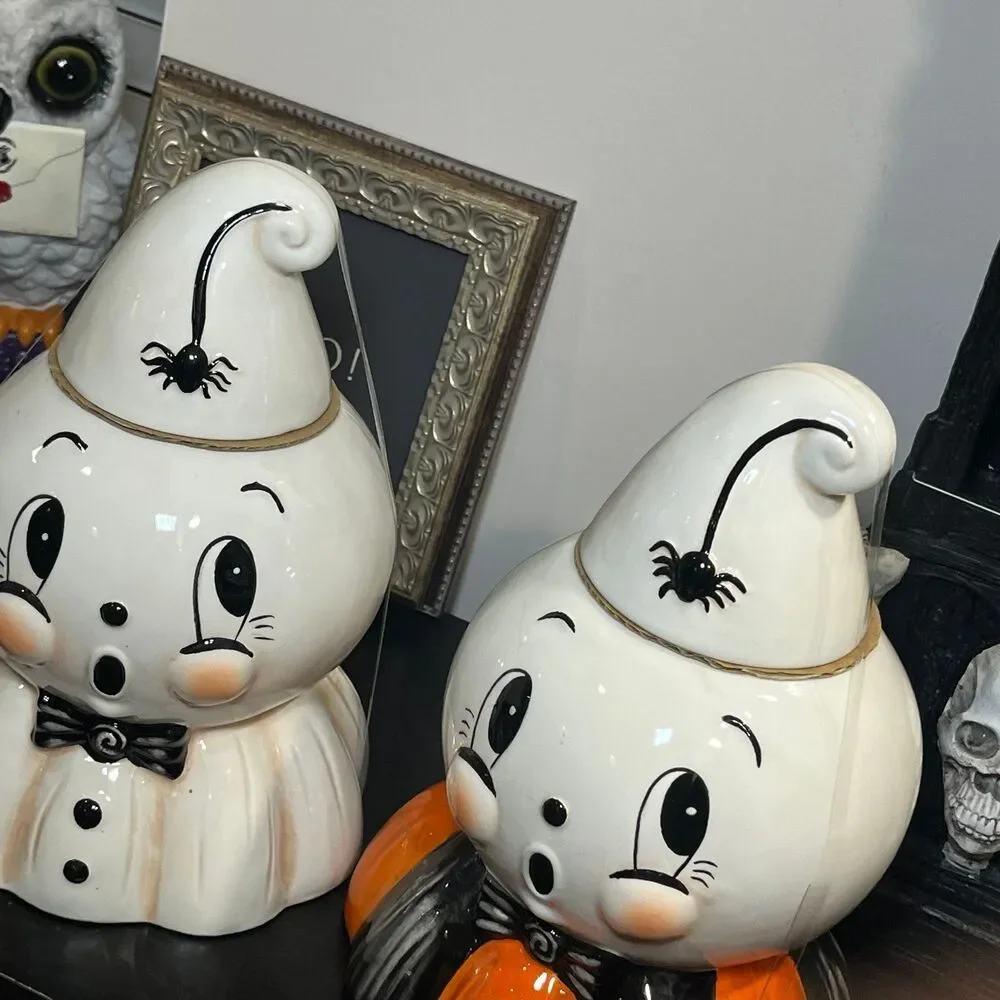 Johanna Parker Halloween Vintage White and Orange Black Striped Ghost Canisters